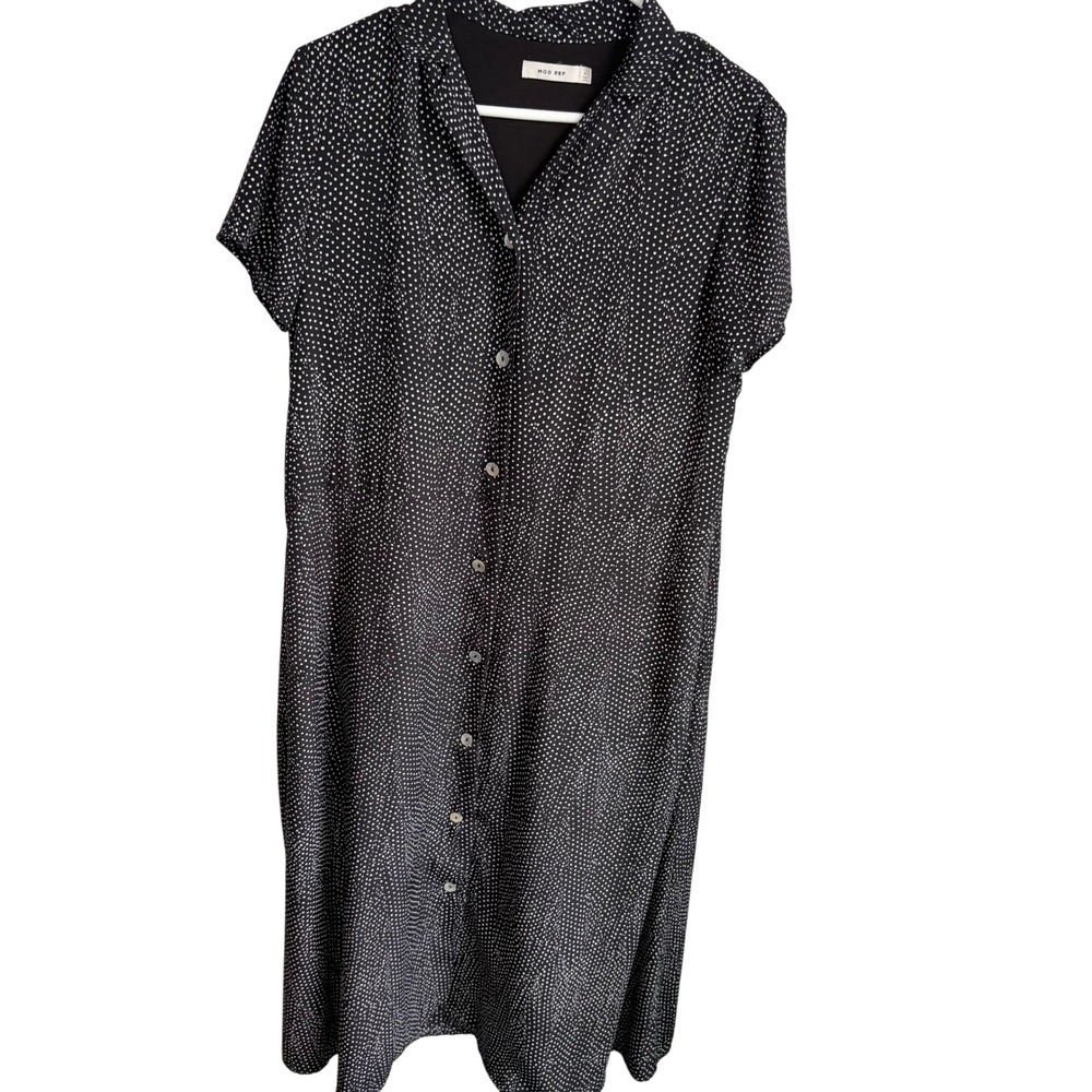 MOD REF Polka Dot Shirt Dress L Black White Button Down Midi Short Sleeve